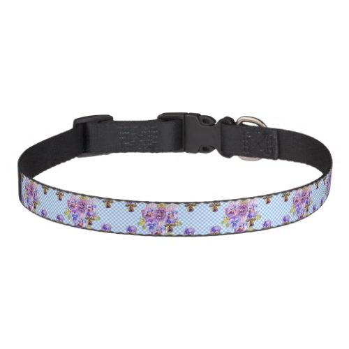 Shabby Pansy Floral Blue Gingham Flowers Retro Pet Collar
