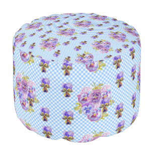 Shabby Pansy Floral Blue Gingham Flowers Retro Pouf