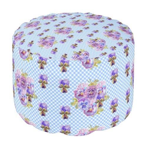 Shabby Pansy Floral Blue Gingham Flowers Retro Pouf