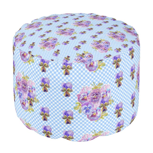 Shabby Pansy Floral Blue Gingham Flowers Retro Pouf (Angled Front)