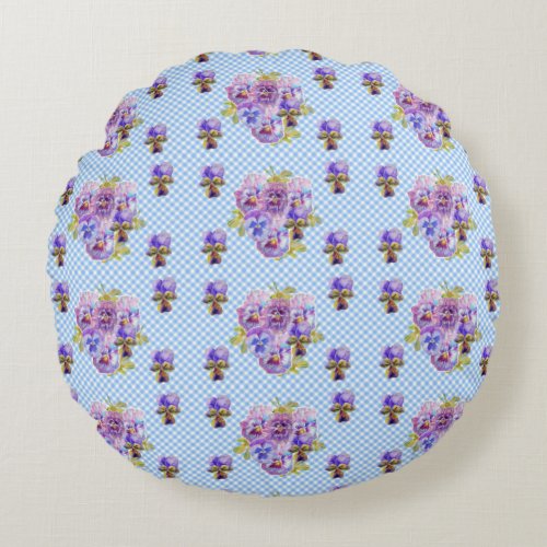 Shabby Pansy Floral Blue Gingham Flowers Retro  Round Pillow
