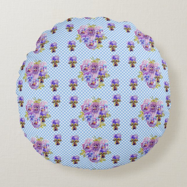 Shabby Pansy Floral Blue Gingham Flowers Retro  Round Pillow (Front)
