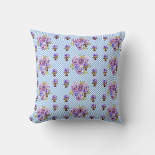 Shabby Pansy Floral Blue Gingham Flowers Retro Throw Pillow