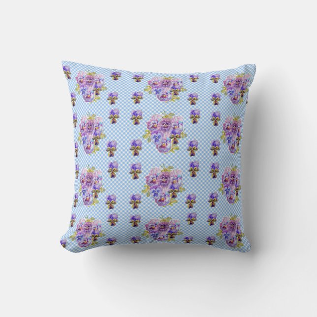 Shabby Pansy Floral Blue Gingham Flowers Retro Throw Pillow (Front)