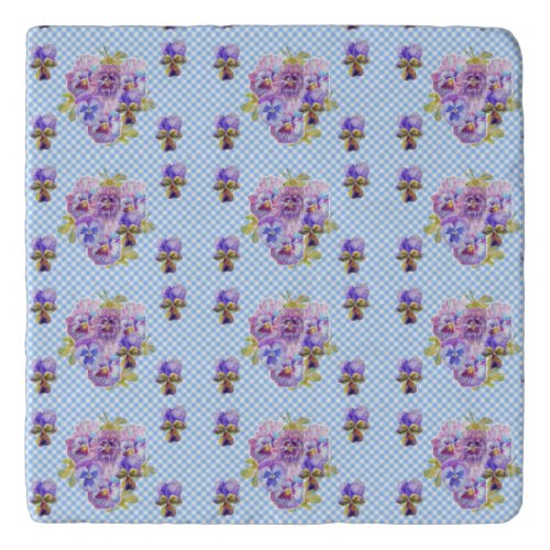 Shabby Pansy Floral Blue Gingham Magnetic  Trivet