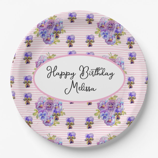 Shabby Pansy Pastel Pink Pansies Birthday Party Paper Plates (Front)