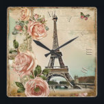 shabby paris chic! square wall clock<br><div class="desc">beautiful scrap design for your clock! it's amazing shabby chic perfect for your wall home!</div>