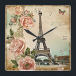 shabby paris chic! square wall clock<br><div class="desc">beautiful scrap design for your clock! it's amazing shabby chic perfect for your wall home!</div>