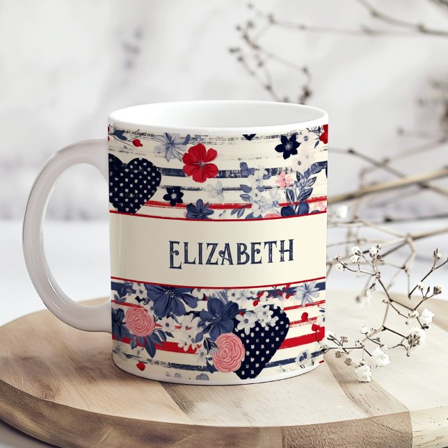 Shabby Patriotic Independence Day Floral Flag Coffee Mug (Shabby Patriotic Independence Day Floral Flag Coffee Mug on a boho kitchen table with tiny flowers.)