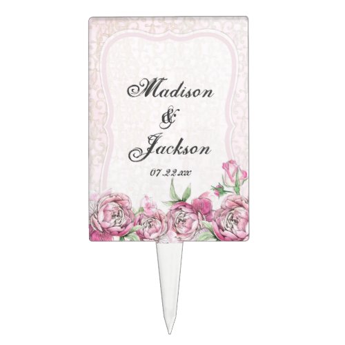 Shabby Peony Vintage Floral Chic Wedding Monogram Cake Topper