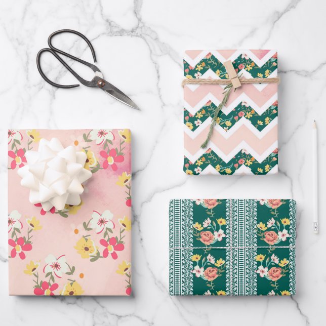 Shabby Pink Green Garden Wrapping Paper Sheets (Front)