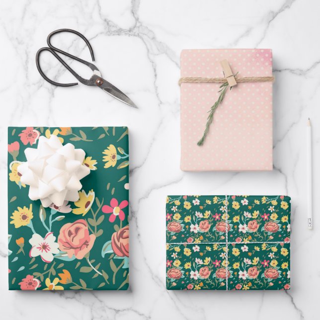 Shabby Pink Green Garden Wrapping Paper Sheets (Front)