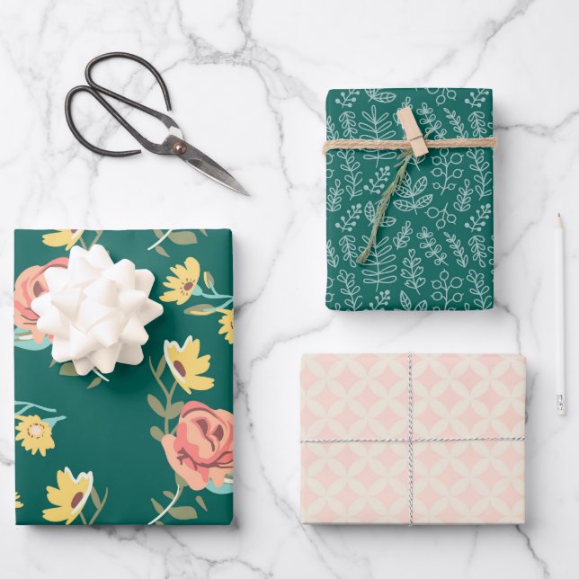 Shabby Pink Green Garden Wrapping Paper Sheets (Front)