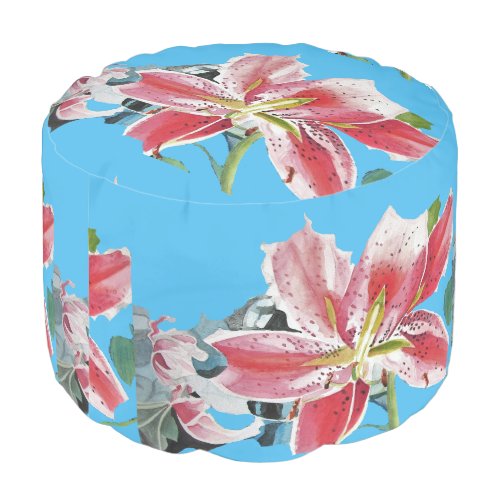 Shabby Pink Lily Floral Flowers Blue Pouffe Pouf