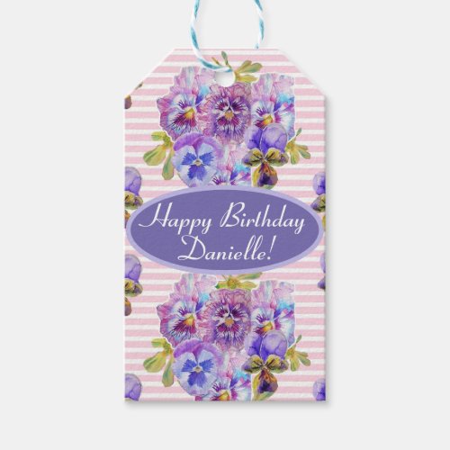 Shabby Pink Pansy Floral Party Purple Stripe Gift Tags