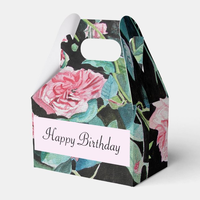 Shabby Pink Rose Floral Birthday Cake Favor Box (Front Side)