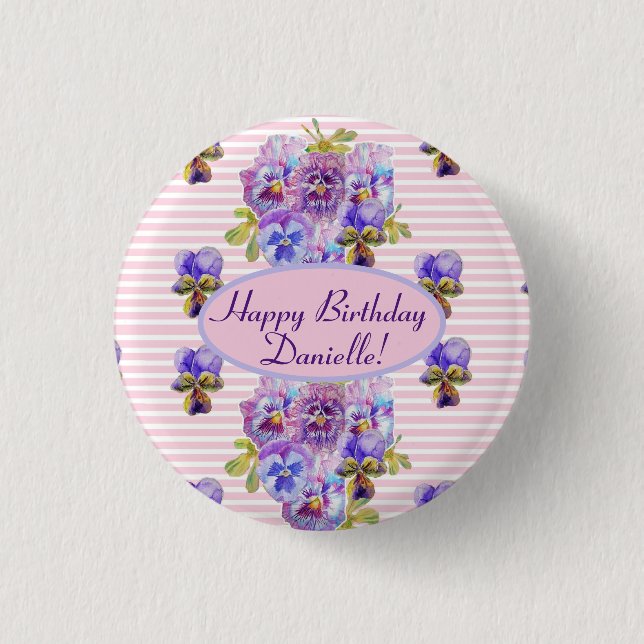 Shabby Pink Rose Floral Tea Party Purple Button (Front)