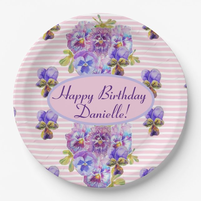 Shabby Pink Rose Floral Tea Party Purple Paper Pla Paper Plates (Front)
