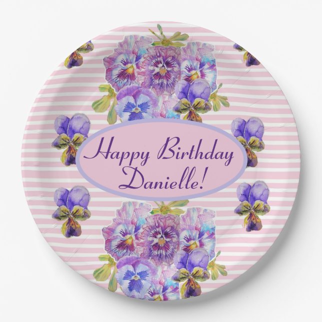 Shabby Pink Rose Floral Tea Party Purple Paper Plates (Front)