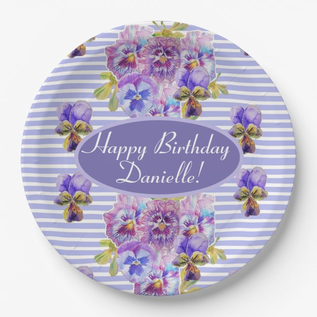 Shabby Pink Rose Floral Tea Party Purple Paper Plates (Front)