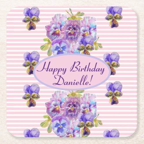 Shabby Pink Rose Floral Tea Party Purple Square Paper Coaster