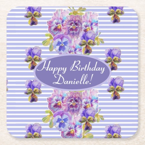 Shabby Pink Rose Floral Tea Party Purple Square Paper Coaster