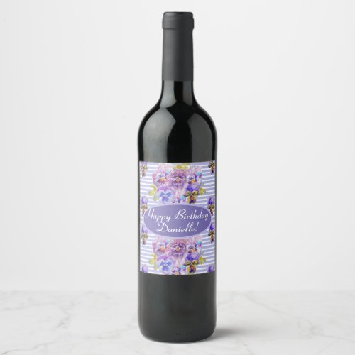 Shabby Pink Rose Floral Tea Party Purple Wine Label