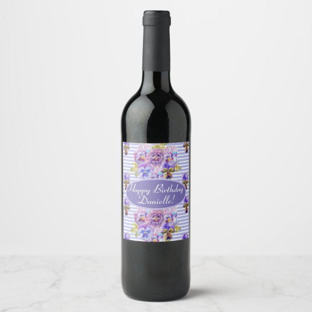 Shabby Pink Rose Floral Tea Party Purple Wine Label (Front)
