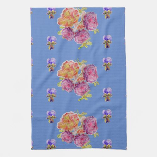 Shabby Pink Rose on Blue Floral Kitchen Tea Towel
