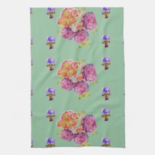 Shabby Pink Rose on Green Floral Kitchen Tea Towel