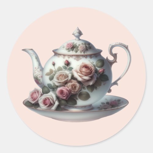 Shabby Pink Rose Vines Floral Bridal Tea Shower  Classic Round Sticker
