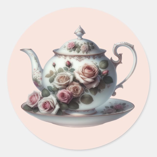 Shabby Pink Rose Vines Floral Bridal Tea Shower  Classic Round Sticker (Front)