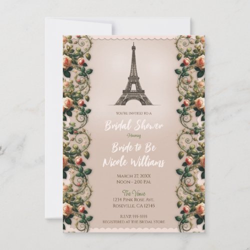 Shabby Pink Rose Vines Floral Bridal Tea Shower  Invitation