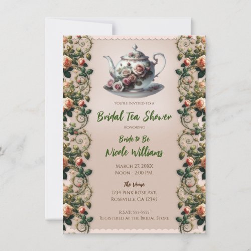 Shabby Pink Rose Vines Floral Bridal Tea Shower  Invitation