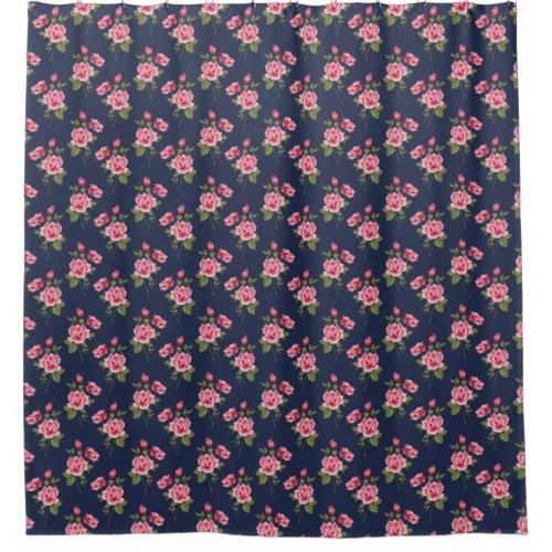Shabby Pink Roses Navy Background Shower Curtain