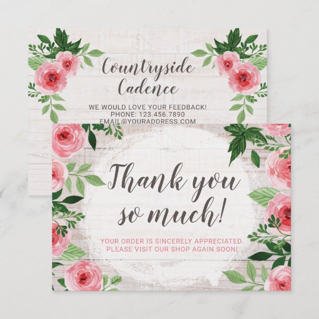 Shabby Pink Roses on Rustic Country Thank You Card (Front/Back)