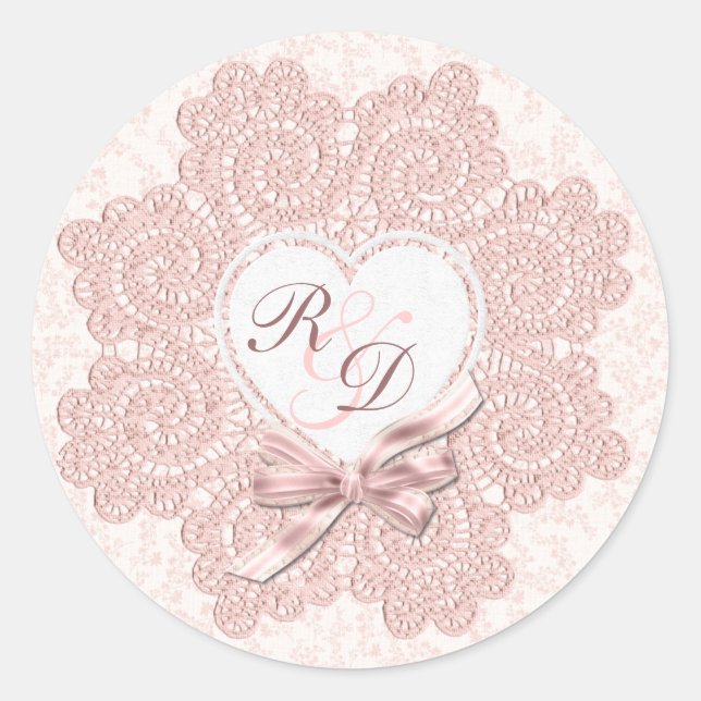 Shabby Pink Victorian Style Monogram Wedding Classic Round Sticker (Front)