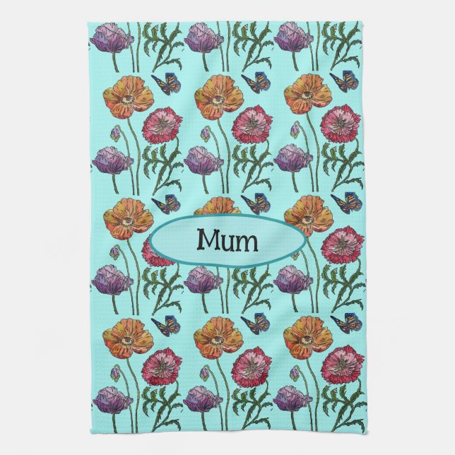  Shabby Poppy Red Purple on Aqua Customizable Name Kitchen Towel (Vertical)