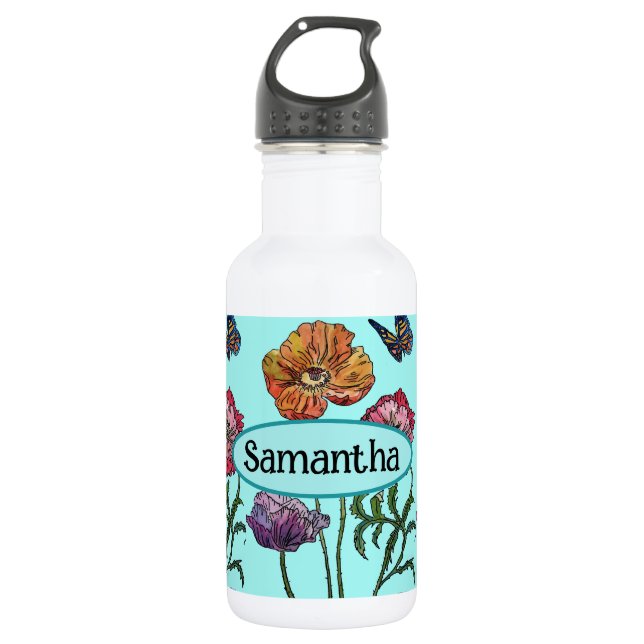  Shabby Poppy Red Purple on Aqua Customizable Name Stainless Steel Water Bottle (Front)