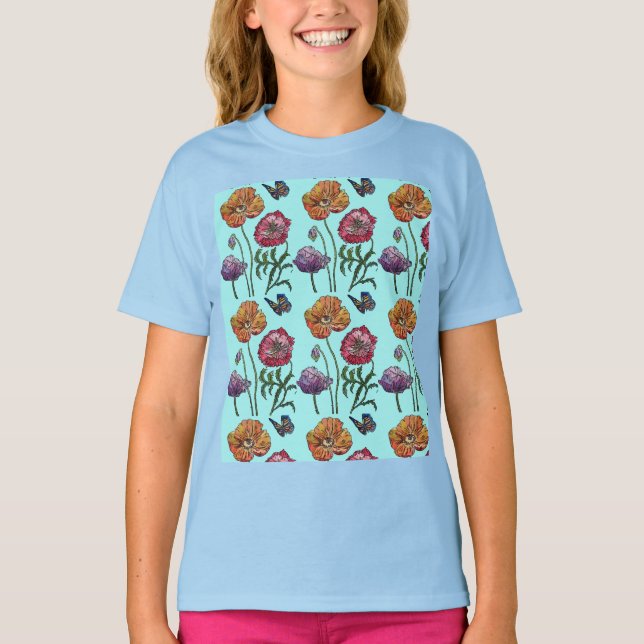  Shabby Poppy Red Purple on Aqua Customizable Name T-Shirt (Front)