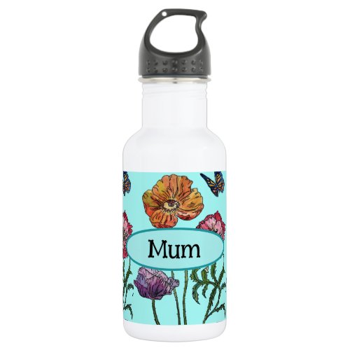  Shabby Poppy Red Purple on Aqua Mom Mothers Day Stainless Steel Water Bottle