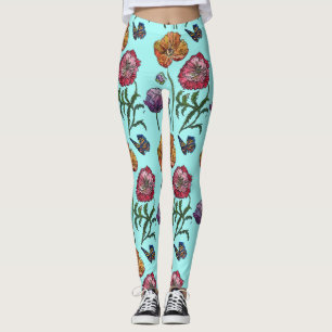 Shabby Poppy Red Purple on Aqua Turquoise Art Leggings