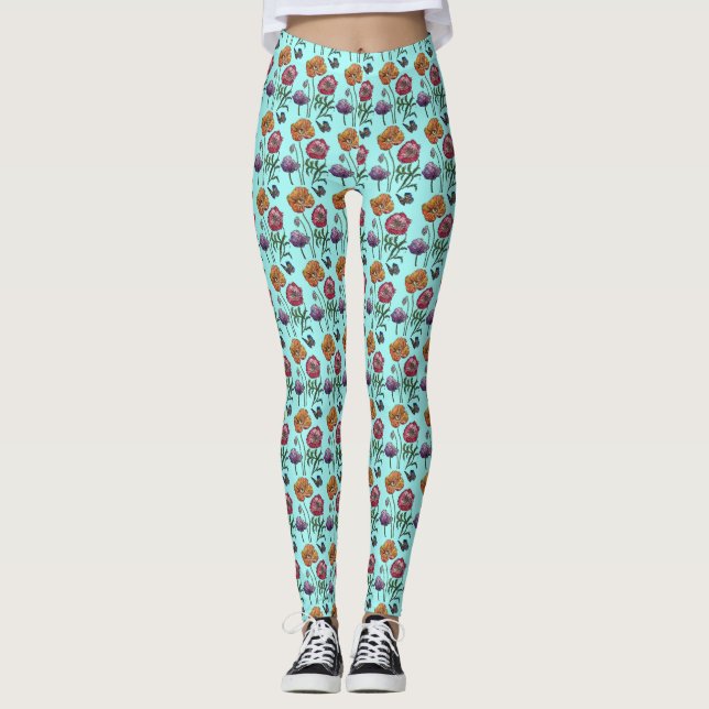  Shabby Poppy Red Purple on Aqua Turquoise Art Leggings (Front)