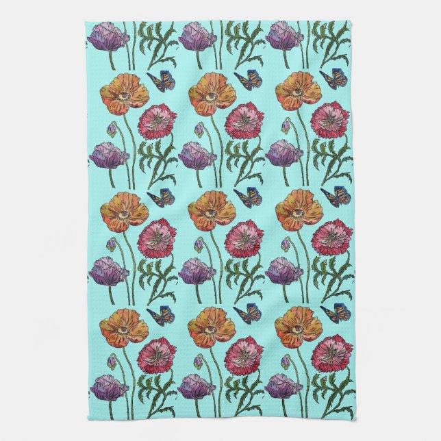  Shabby Poppy Red Purple on Aqua Turquoise Kitchen Towel (Vertical)