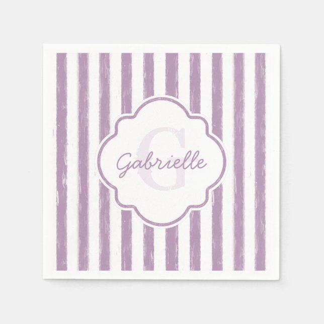 Shabby Purple Painted Stripes Monogram and Name Napkins (Front)