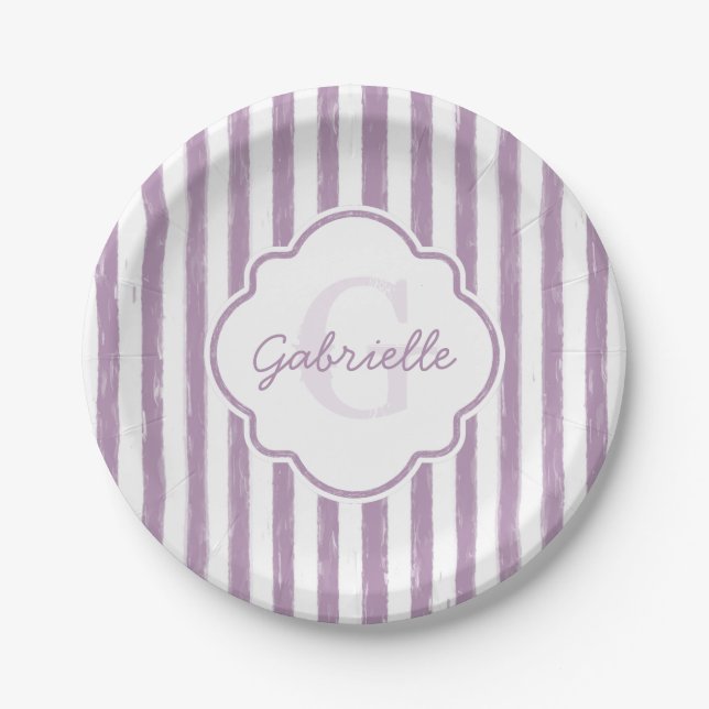 Shabby Purple Painted Stripes Monogram and Name Paper Plates (Front)