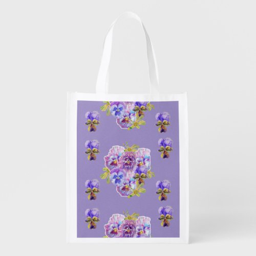 Shabby Purple Pansy floral Reusable Grocery Bag