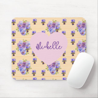 Shabby Purple Pansy floral Yellow Mouse Mat Pad