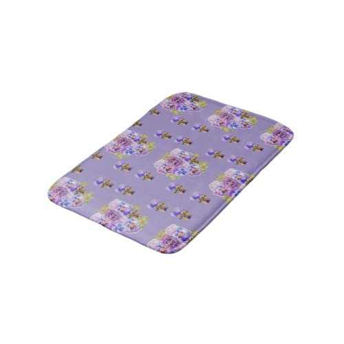 Shabby Purple Pansy Violet floral flowers Bath Mat
