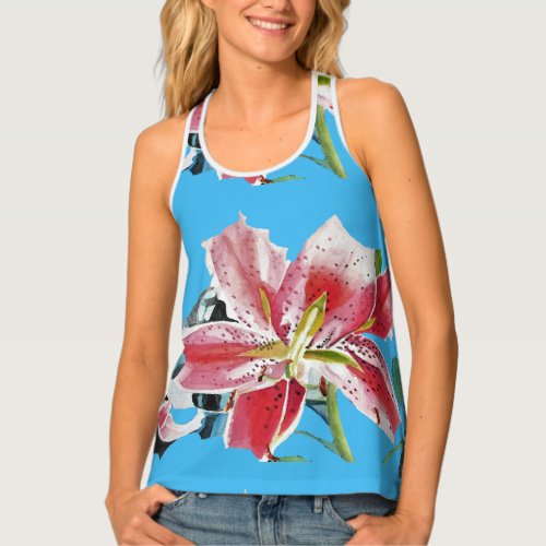 Shabby Red Lily Floral Flowers Ladies Top Singlet